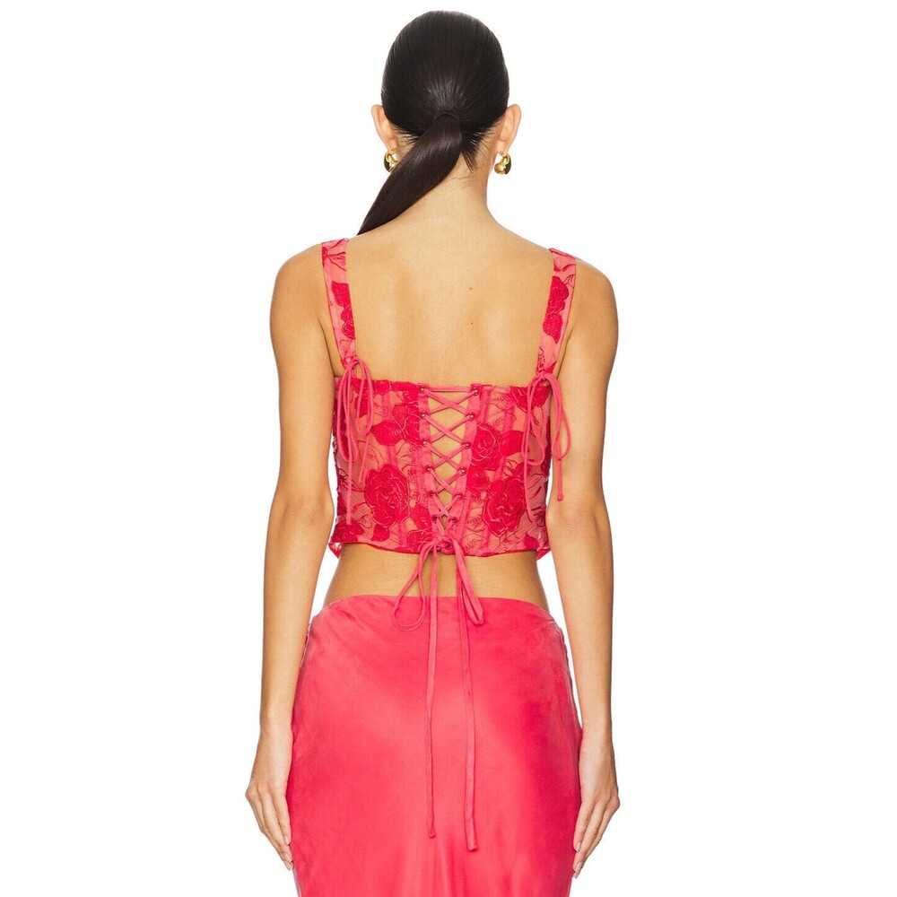 NWT For Love & Lemons Red Floral Sheer Corset Tank - Picture 2 of 15